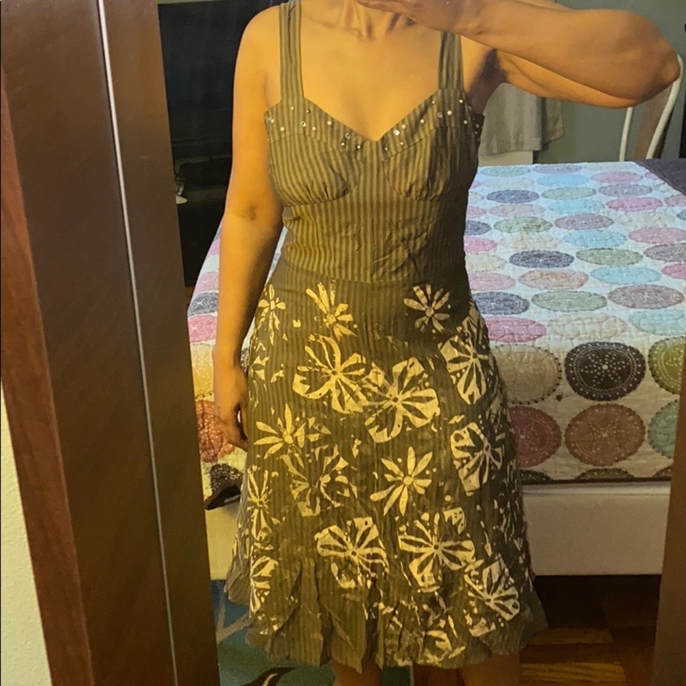 Khaki and cream with bejeweled trim strap dress